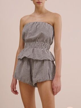 Posse Black and White Gingham Strapless Peplum Top